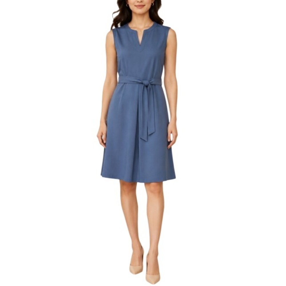 Ann Taylor Fit Flare Dress Womens 8P Blue Notch Neck Belt Preppy Office Chic